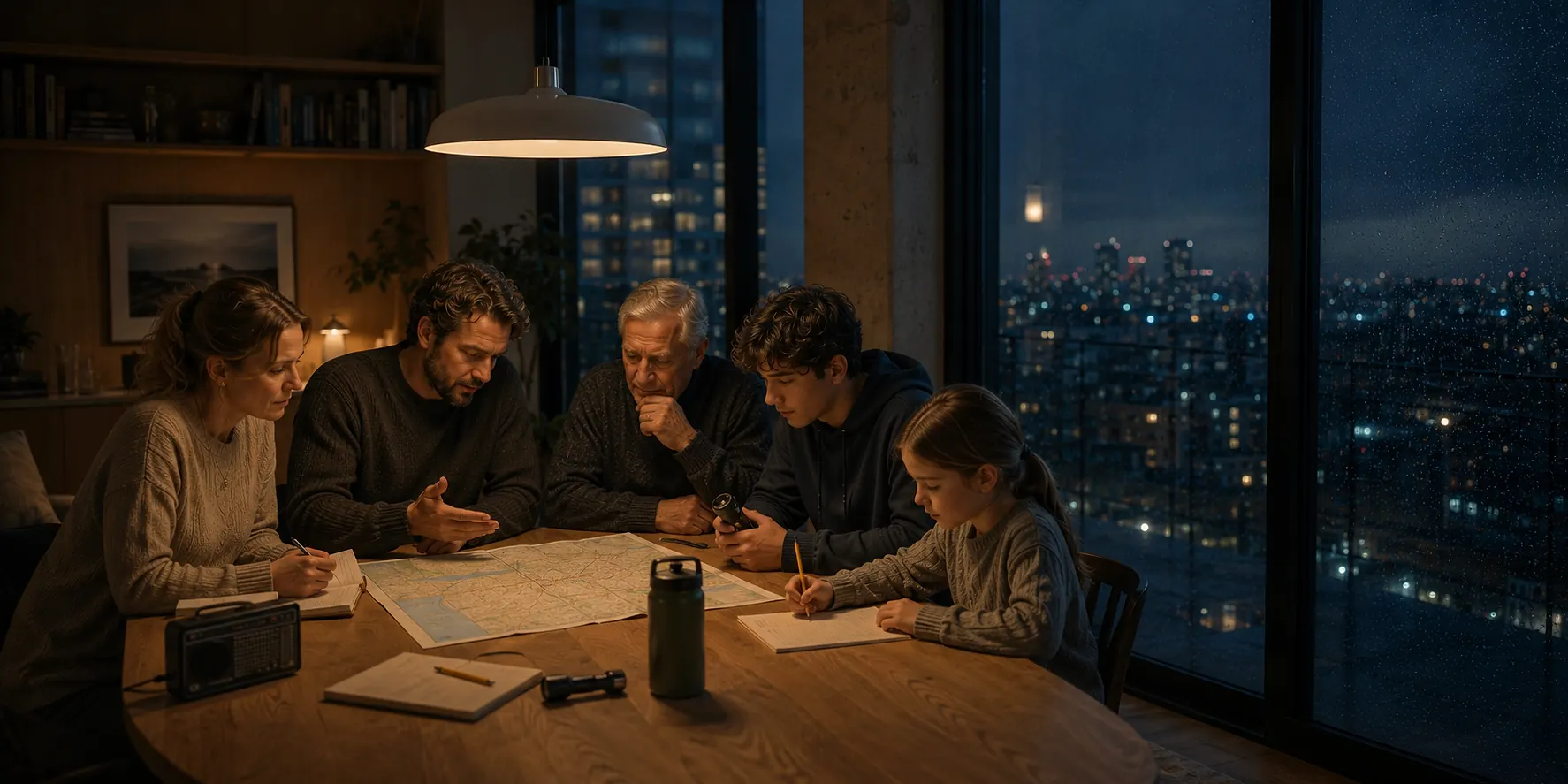 Familia preparándose en calma durante la noche
