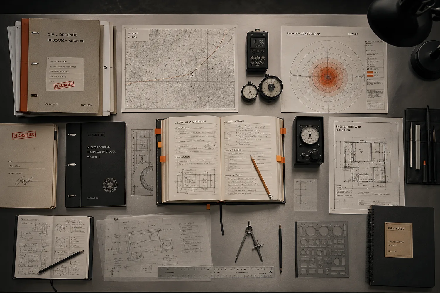 Manual, mapas, radio y herramientas de preparación sobre una mesa